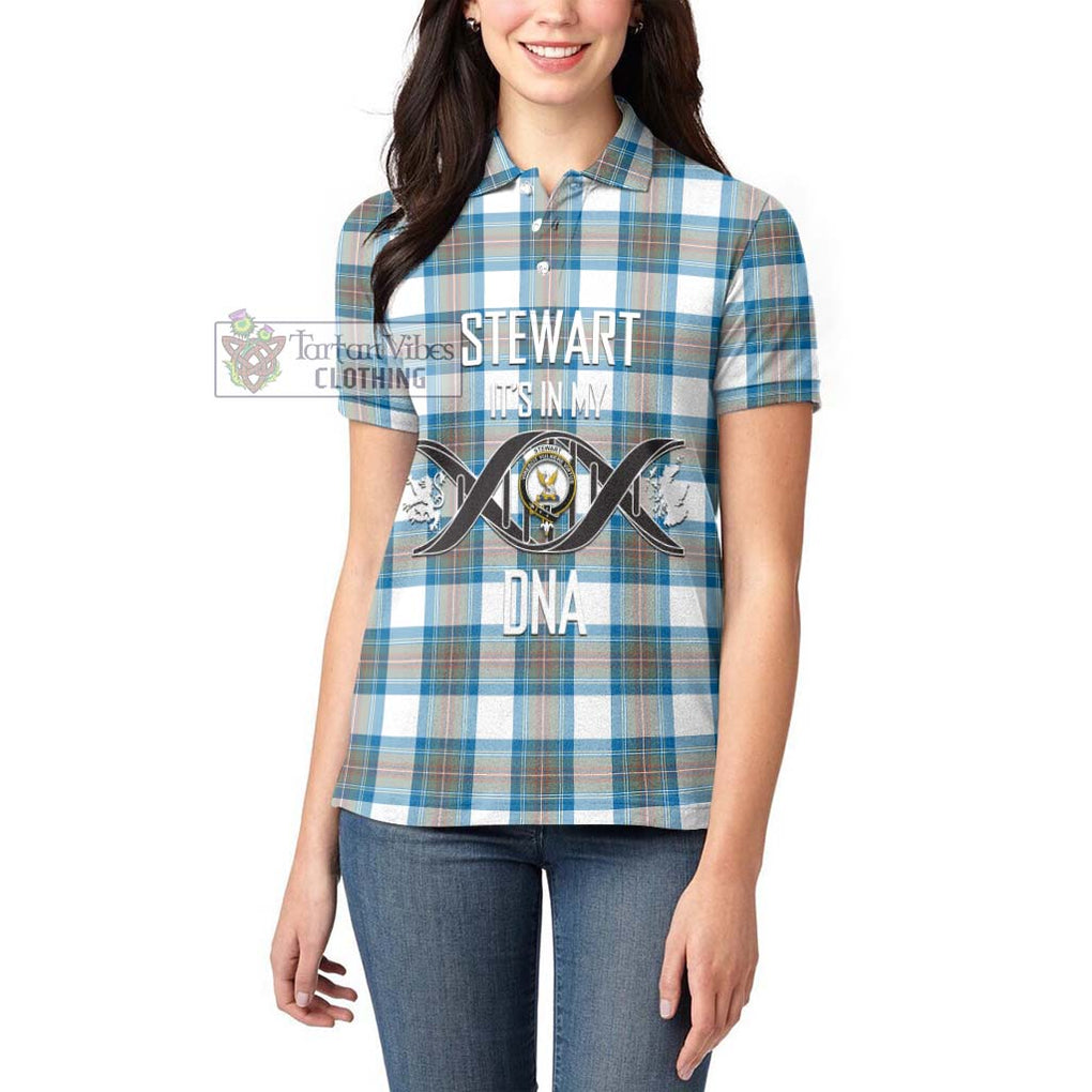 Stewart Muted Blue Tartan Women's Polo Shirt with Family Crest DNA In Me Style Women - Tartanvibesclothing Shop