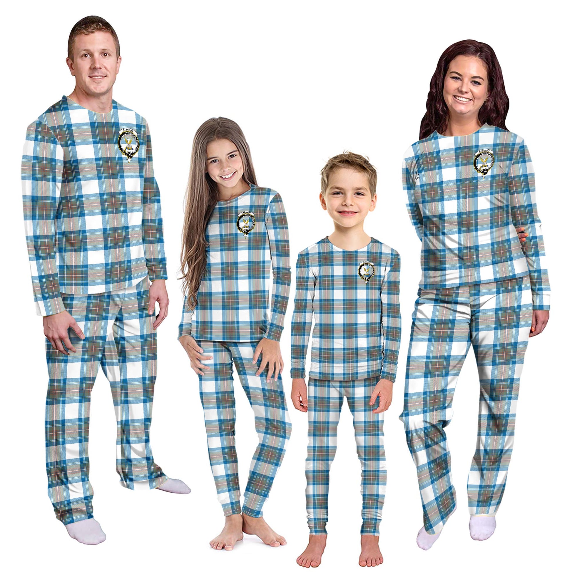 Stewart Muted Blue Tartan Pajamas Family Set with Family Crest - Tartanvibesclothing