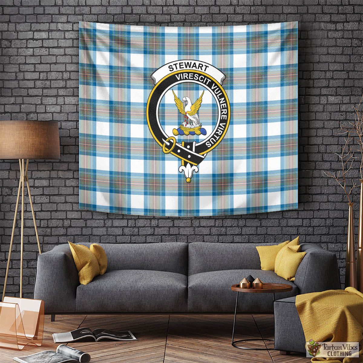 Tartan Vibes Clothing Stewart Muted Blue Tartan Tapestry Wall Hanging and Home Decor for Room with Family Crest