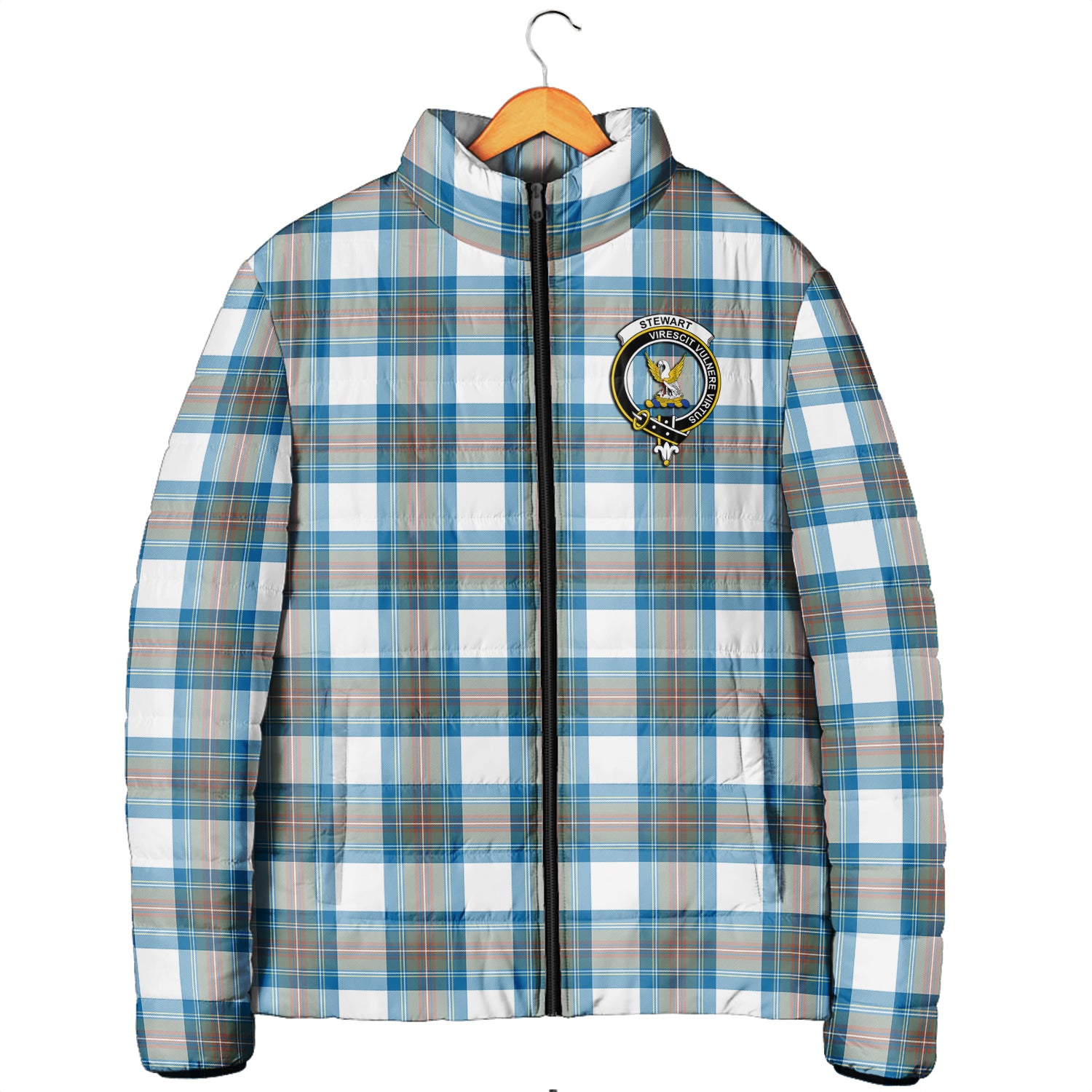 Stewart Muted Blue Tartan Padded Jacket with Family Crest Men's Padded Jacket - Tartan Vibes Clothing