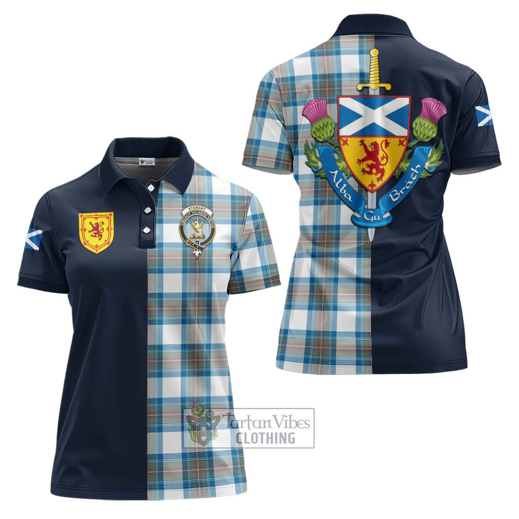 Tartan Vibes Clothing Stewart Muted Blue Tartan Women's Polo Shirt with Scottish Lion Royal Arm Half Style