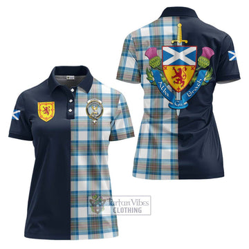 Stewart Muted Blue Tartan Women's Polo Shirt Alba with Scottish Lion Royal Arm Half Style