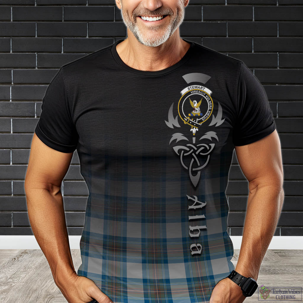 Tartan Vibes Clothing Stewart Muted Blue Tartan T-Shirt Featuring Alba Gu Brath Family Crest Celtic Inspired