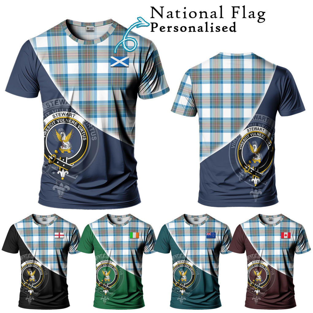 Stewart Muted Blue Tartan T-Shirt with Personalised National Flag and Family Crest Half Style Kid's Shirt - Tartanvibesclothing Shop