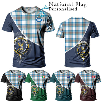 Stewart Muted Blue Tartan T-Shirt with Personalised National Flag and Family Crest Half Style