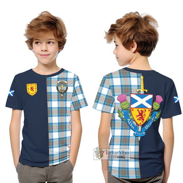 Stewart Muted Blue Tartan Kid T-Shirt Alba with Scottish Lion Royal Arm Half Style