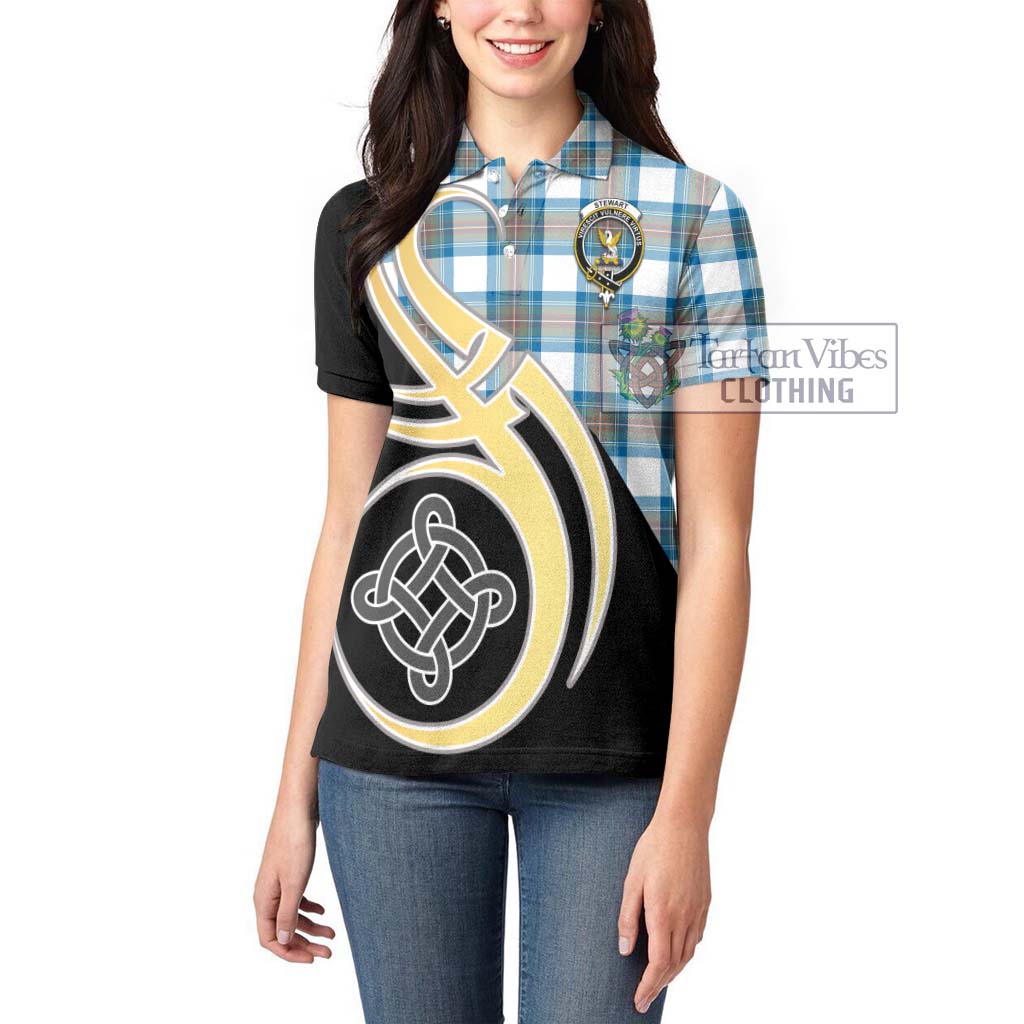 Stewart Muted Blue Tartan Women's Polo Shirt with Family Crest and Celtic Symbol Style Women - Tartan Vibes Clothing