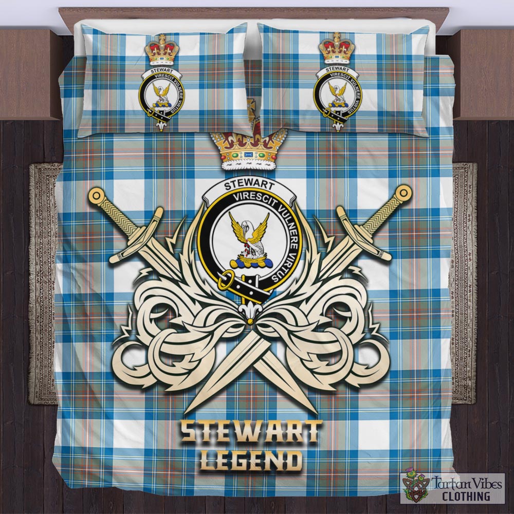 Tartan Vibes Clothing Stewart Muted Blue Tartan Bedding Set with Clan Crest and the Golden Sword of Courageous Legacy