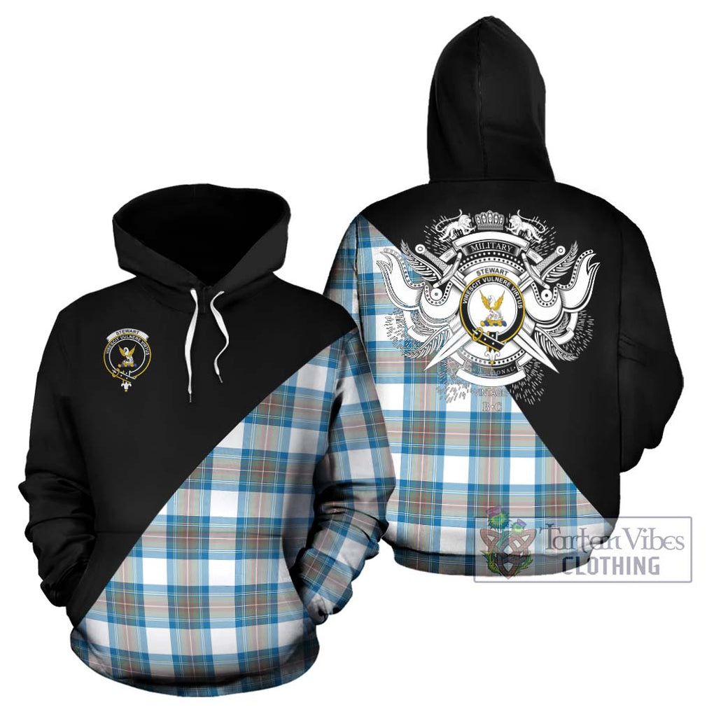 Stewart Muted Blue Tartan Hoodie with Family Crest and Military Logo Style Zip Hoodie - Tartanvibesclothing Shop