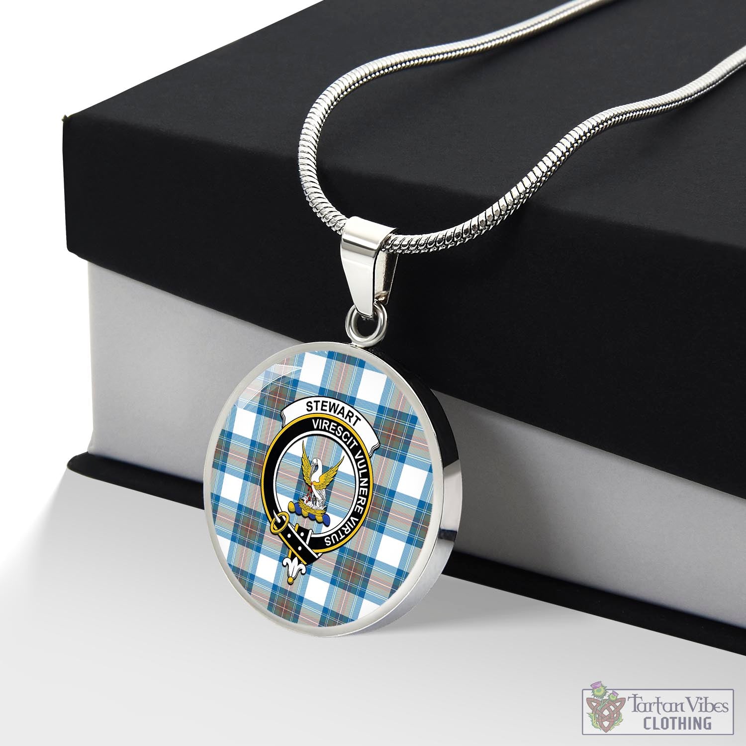 Tartan Vibes Clothing Stewart Muted Blue Tartan Circle Necklace with Family Crest