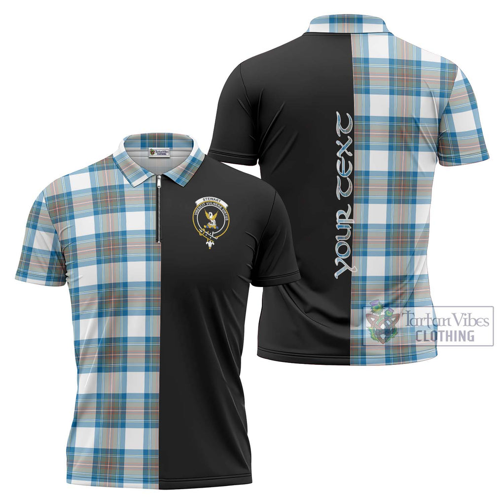 Stewart Muted Blue Tartan Zipper Polo Shirt with Family Crest and Half Of Me Style Unisex - Tartanvibesclothing Shop