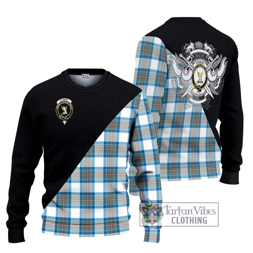 Stewart Muted Blue Tartan Knitted Sweater with Family Crest and Military Logo Style Unisex - Tartanvibesclothing Shop