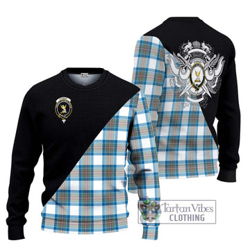 Stewart Muted Blue Tartan Ugly Sweater with Family Crest and Military Logo Style