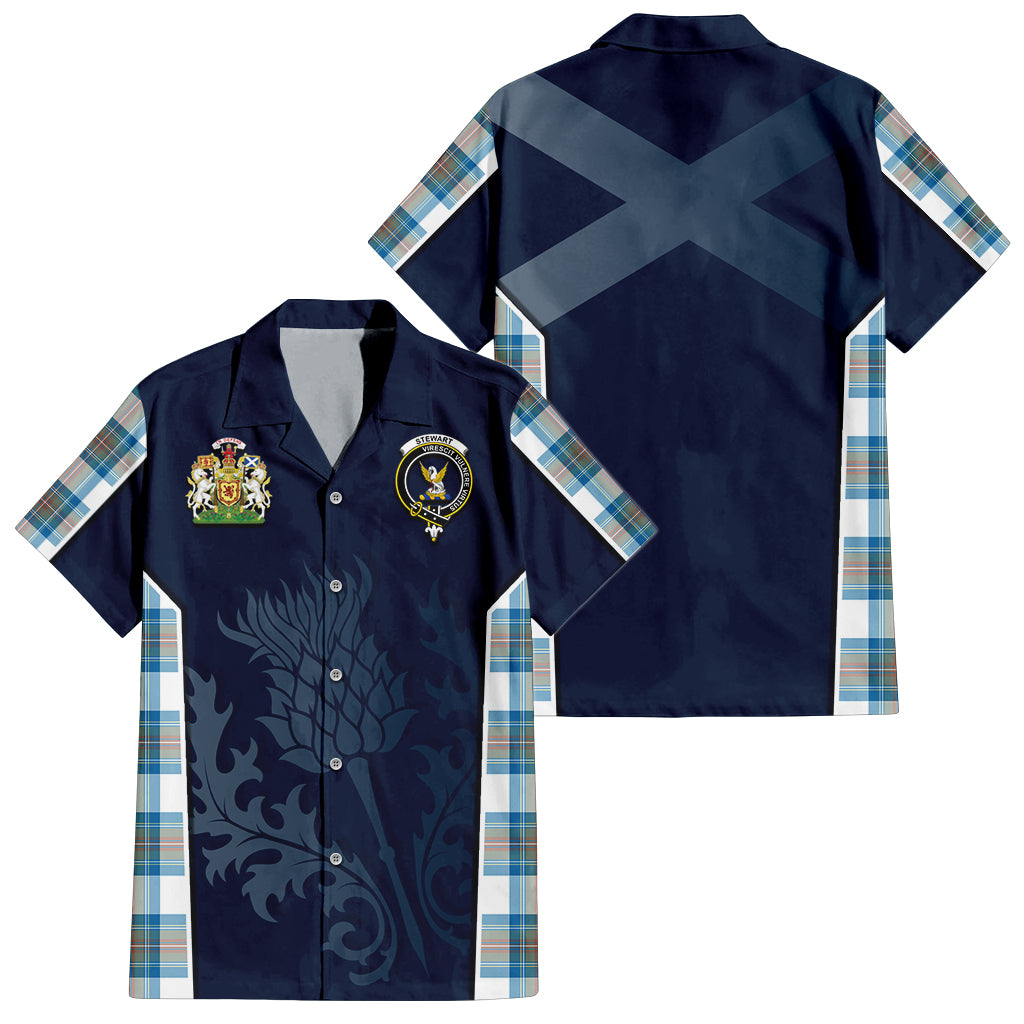 Tartan Vibes Clothing Stewart Muted Blue Tartan Short Sleeve Button Up Shirt with Family Crest and Scottish Thistle Vibes Sport Style