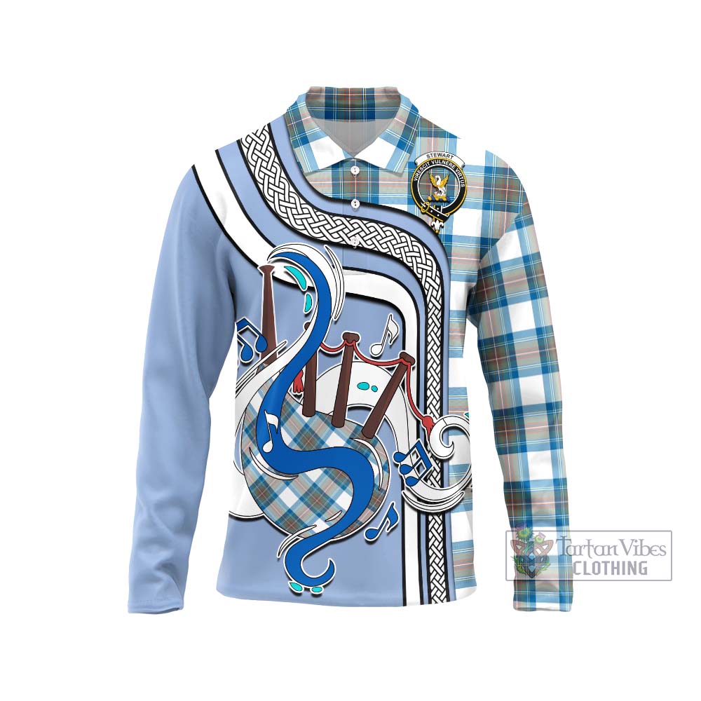 Tartan Vibes Clothing Stewart Muted Blue Tartan Long Sleeve Polo Shirt with Epic Bagpipe Style