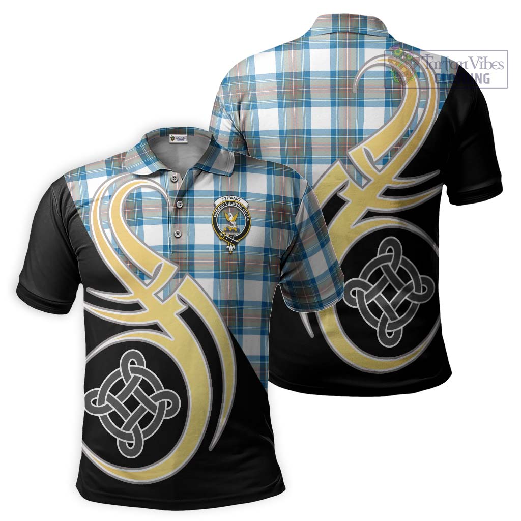 Tartan Vibes Clothing Stewart Muted Blue Tartan Polo Shirt with Family Crest and Celtic Symbol Style