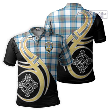 Stewart Muted Blue Tartan Polo Shirt with Family Crest and Celtic Symbol Style