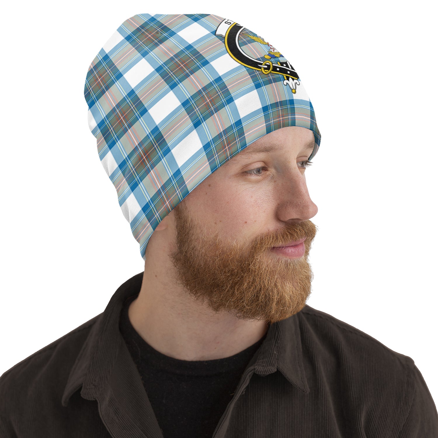 Stewart Muted Blue Tartan Beanies Hat with Family Crest One Size 10.5*10.2 inches - Tartan Vibes Clothing