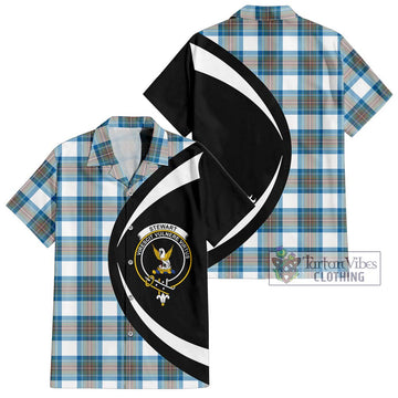 Stewart Muted Blue Tartan Short Sleeve Button Up with Family Crest Circle Style