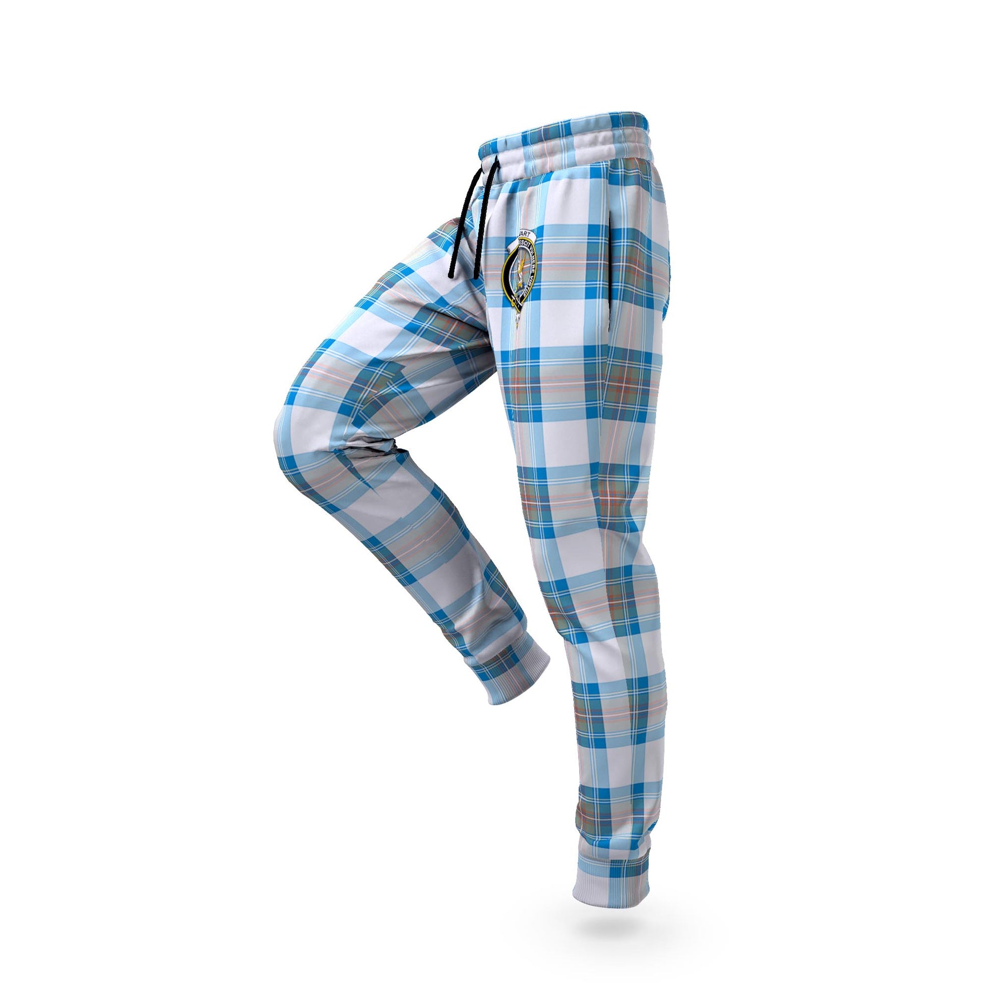 Stewart Muted Blue Tartan Joggers Pants with Family Crest S - Tartan Vibes Clothing