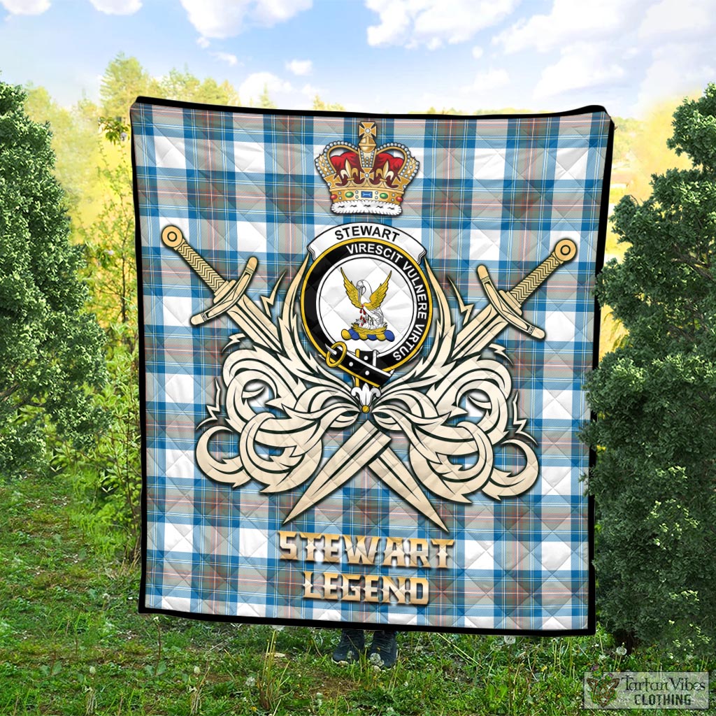 Tartan Vibes Clothing Stewart Muted Blue Tartan Quilt with Clan Crest and the Golden Sword of Courageous Legacy