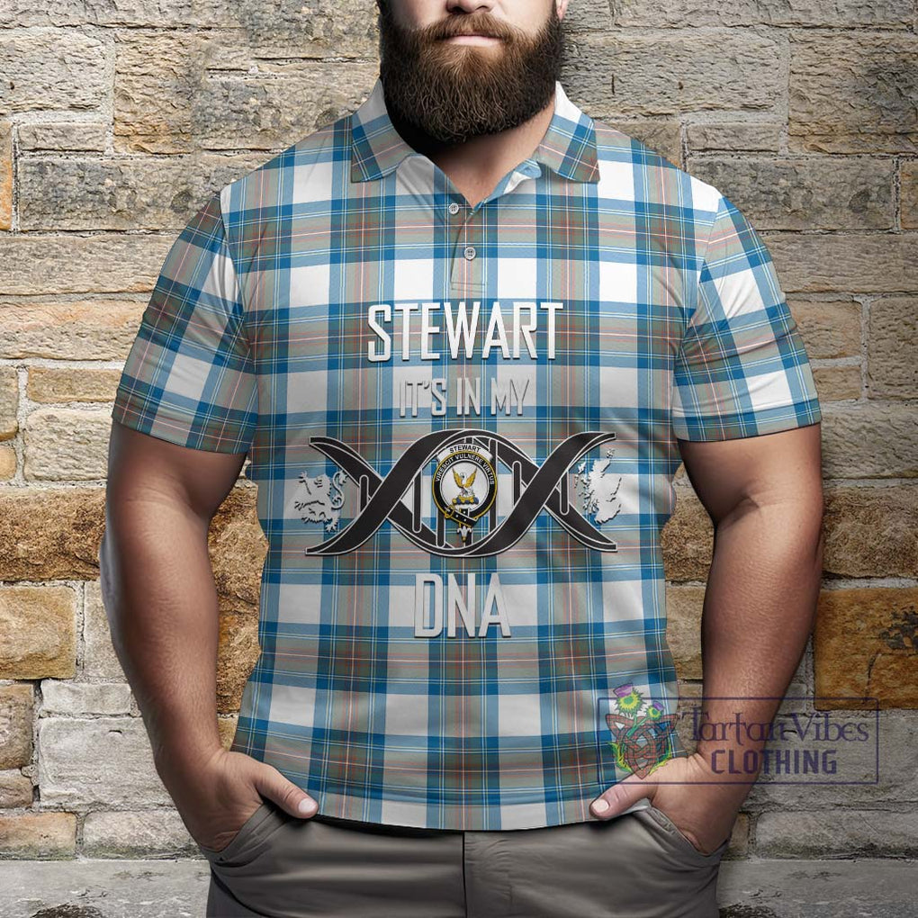 Stewart Muted Blue Tartan Polo Shirt with Family Crest DNA In Me Style Kid - Tartanvibesclothing Shop