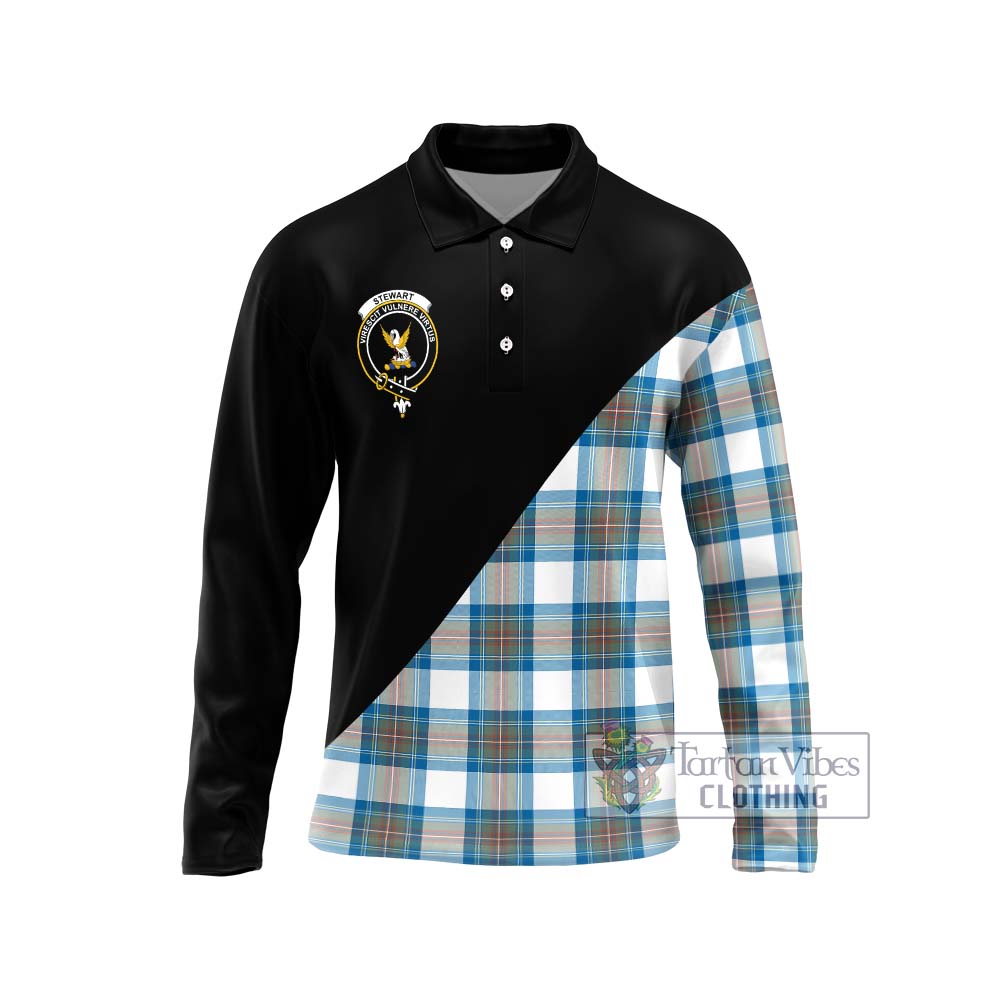 Stewart Muted Blue Tartan Long Sleeve Polo Shirt with Family Crest and Military Logo Style Unisex - Tartanvibesclothing Shop