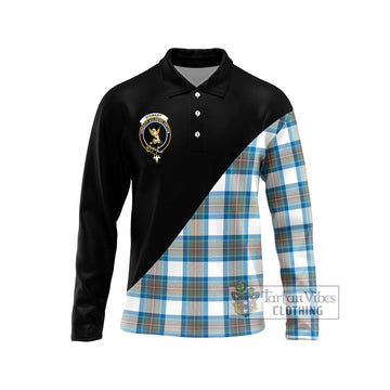 Stewart Muted Blue Tartan Long Sleeve Polo Shirt with Family Crest and Military Logo Style