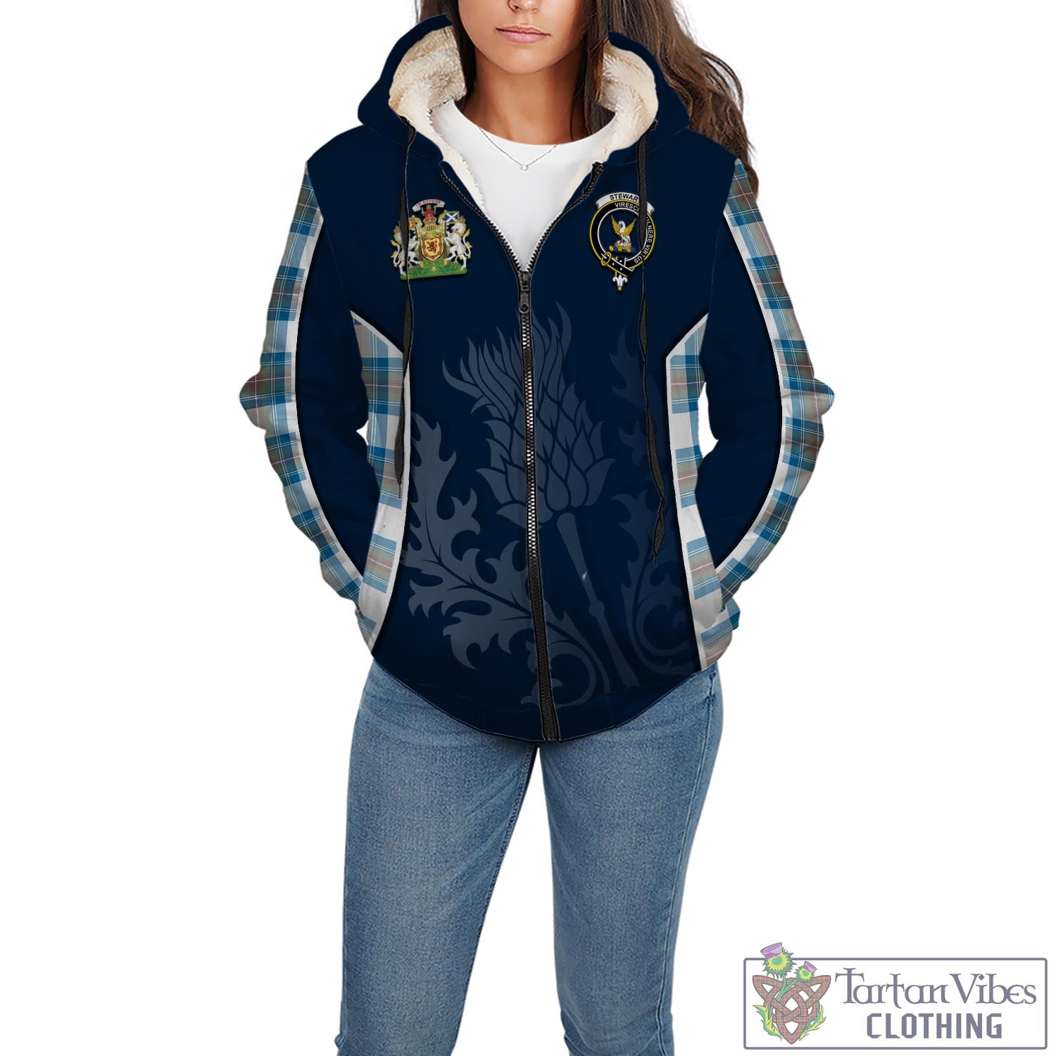 Tartan Vibes Clothing Stewart Muted Blue Tartan Sherpa Hoodie with Family Crest and Scottish Thistle Vibes Sport Style