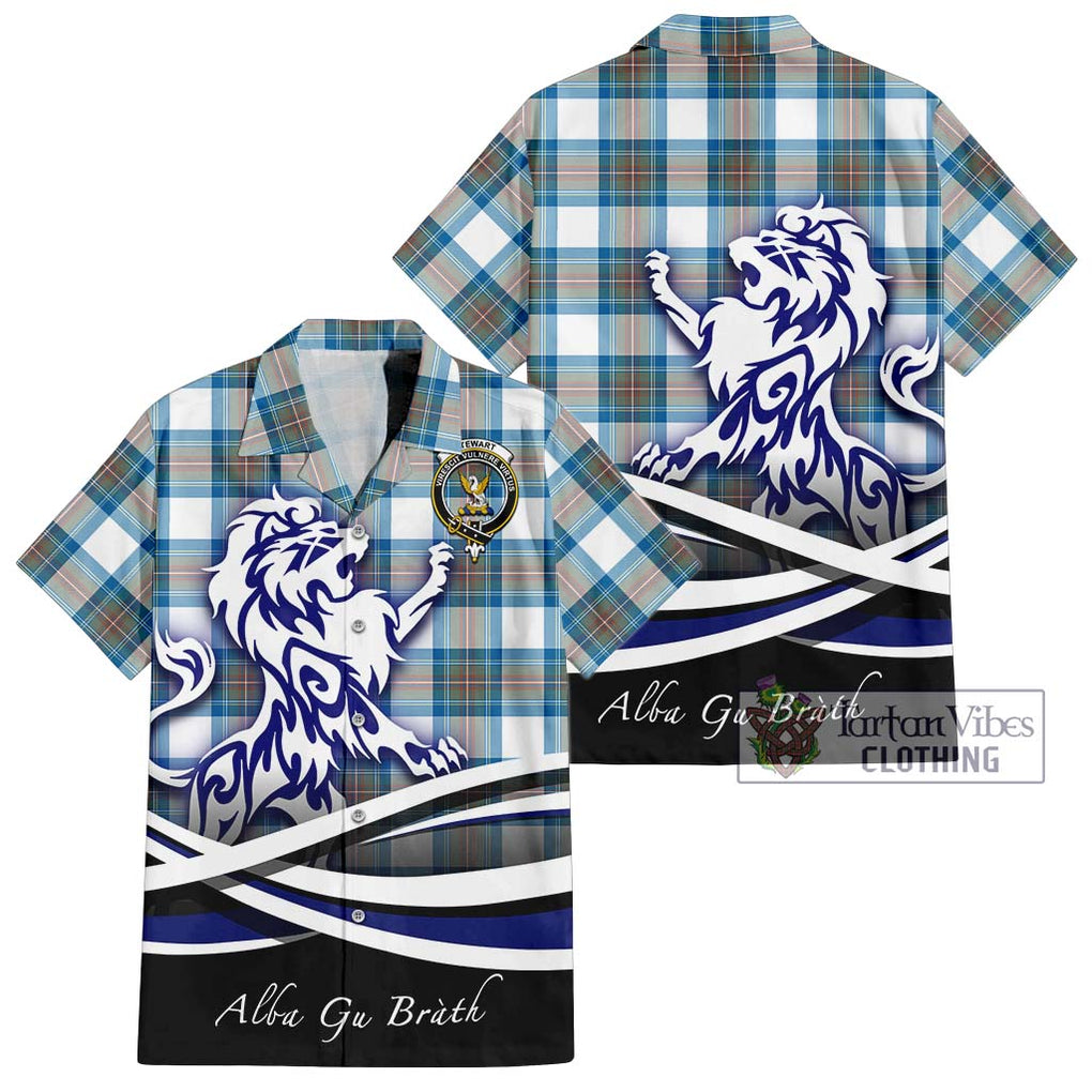 Stewart Muted Blue Tartan Short Sleeve Button Shirt with Alba Gu Brath Regal Lion Emblem Kid - Tartanvibesclothing Shop