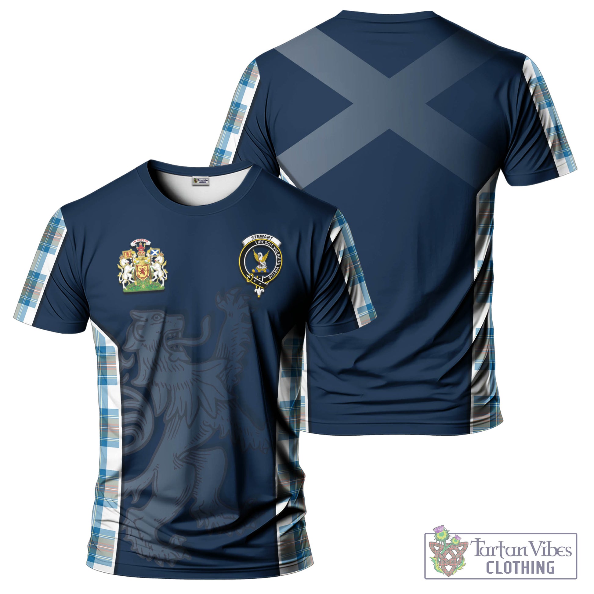 Tartan Vibes Clothing Stewart Muted Blue Tartan T-Shirt with Family Crest and Lion Rampant Vibes Sport Style