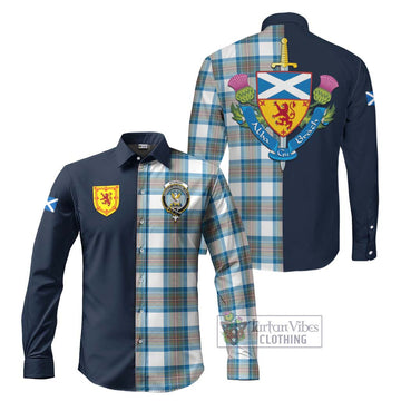 Stewart Muted Blue Tartan Long Sleeve Button Shirt Alba with Scottish Lion Royal Arm Half Style