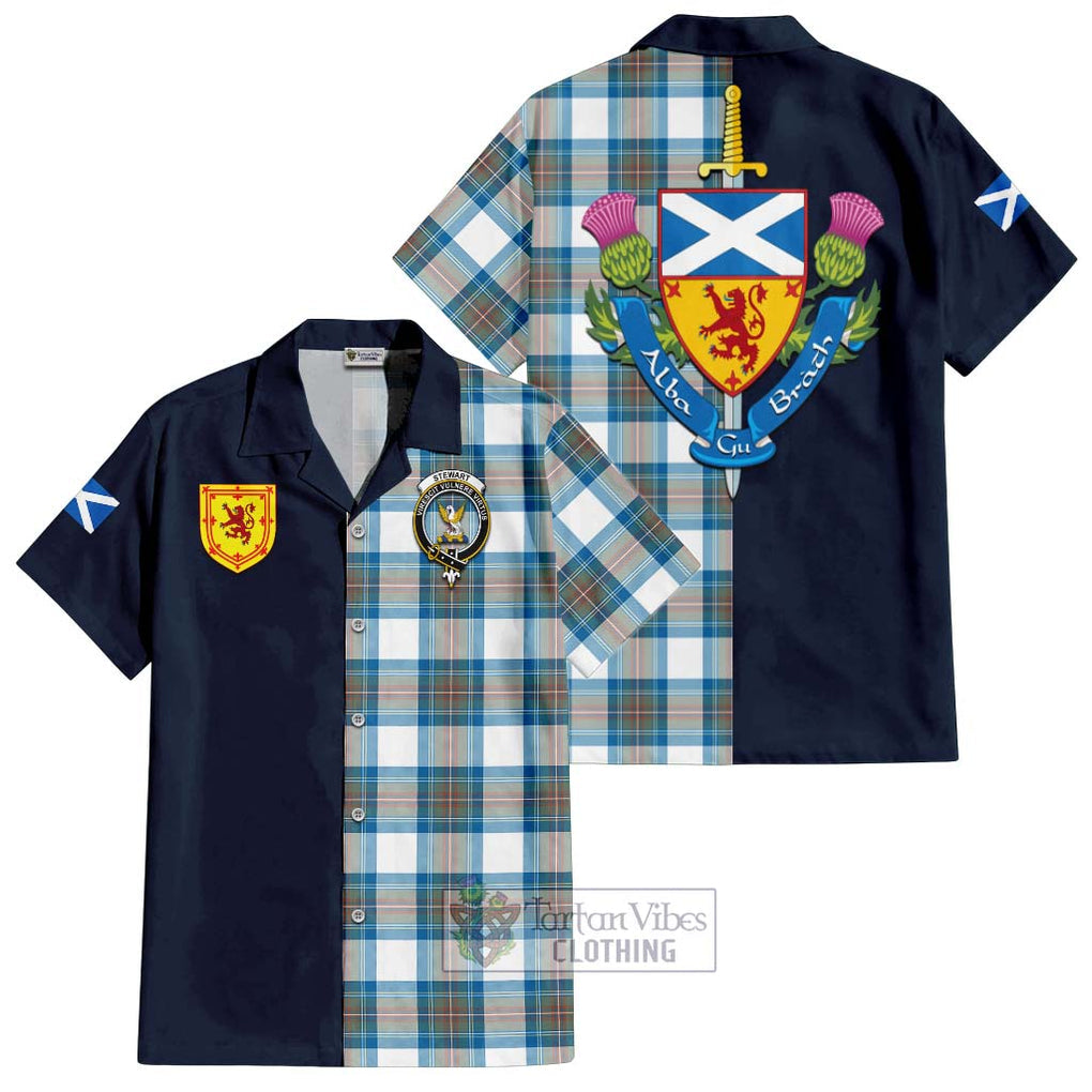 Tartan Vibes Clothing Stewart Muted Blue Tartan Short Sleeve Button Shirt with Scottish Lion Royal Arm Half Style