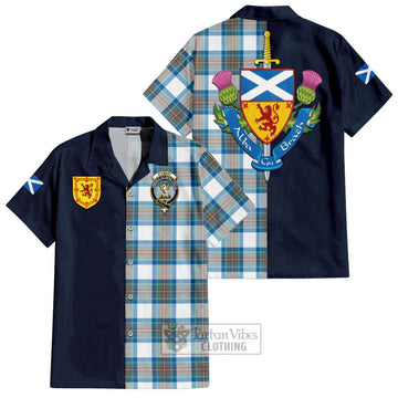 Stewart Muted Blue Tartan Short Sleeve Button Shirt Alba with Scottish Lion Royal Arm Half Style