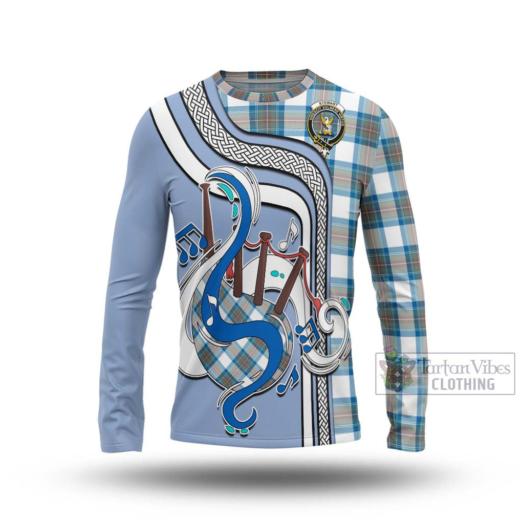 Tartan Vibes Clothing Stewart Muted Blue Tartan Long Sleeve T-Shirt with Epic Bagpipe Style