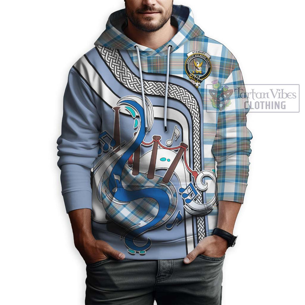 Stewart Muted Blue Tartan Hoodie with Epic Bagpipe Style Zip Hoodie - Tartanvibesclothing Shop