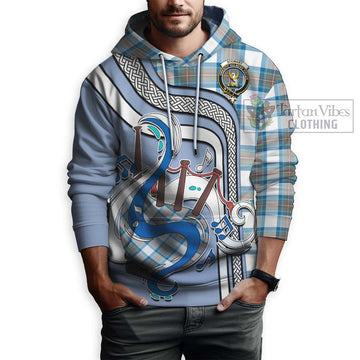 Stewart Muted Blue Tartan Hoodie with Epic Bagpipe Style