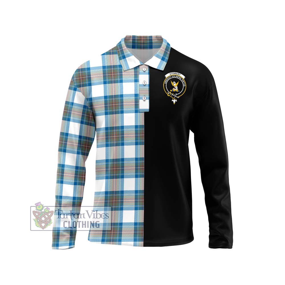 Stewart Muted Blue Tartan Long Sleeve Polo Shirt with Family Crest and Half Of Me Style Unisex - Tartanvibesclothing Shop