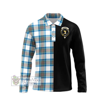 Stewart Muted Blue Tartan Long Sleeve Polo Shirt with Family Crest and Half Of Me Style