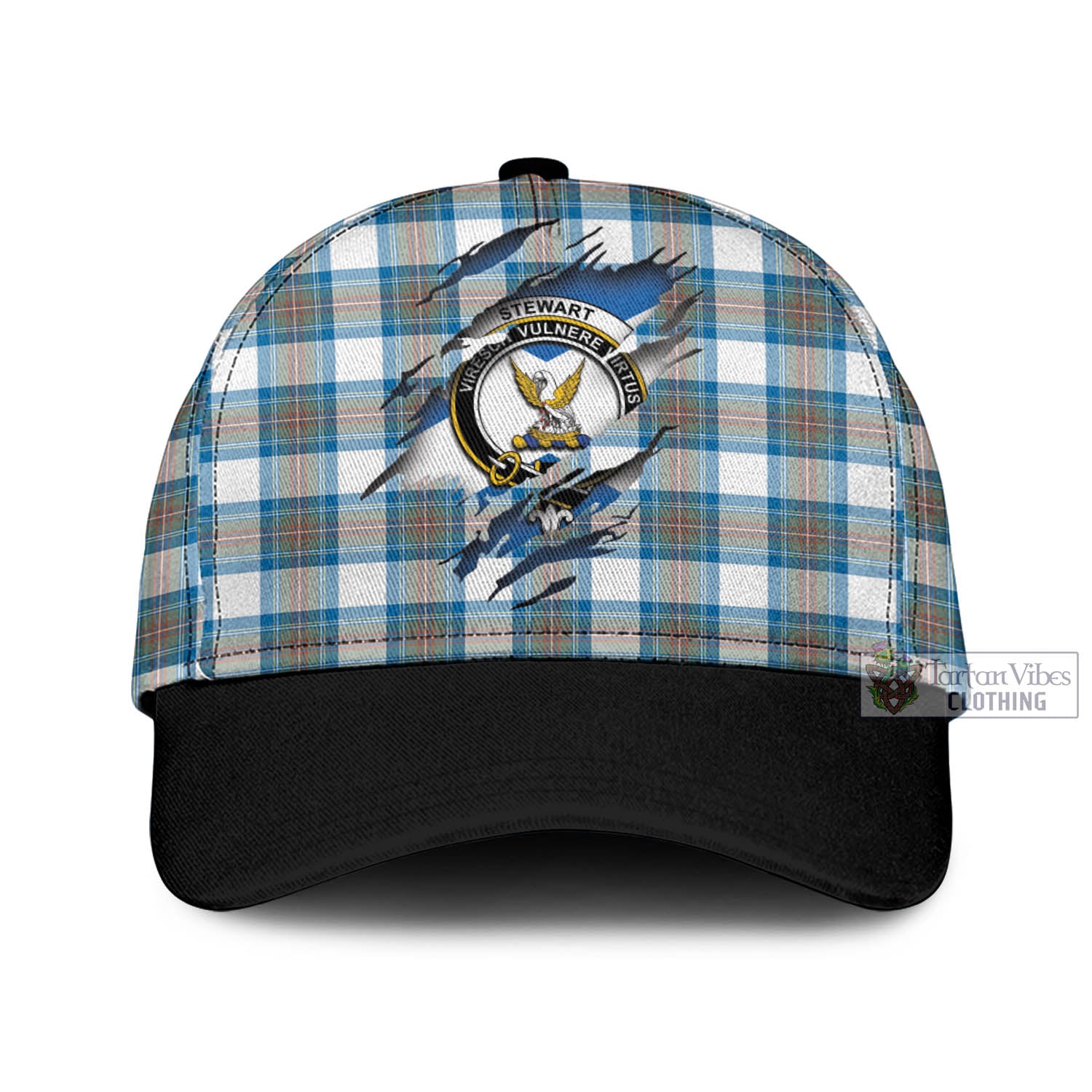 Tartan Vibes Clothing Stewart Muted Blue Tartan Classic Cap with Family Crest In Me Style