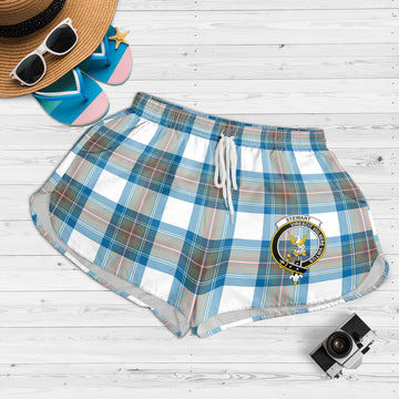 Stewart Muted Blue Tartan Womens Shorts with Family Crest