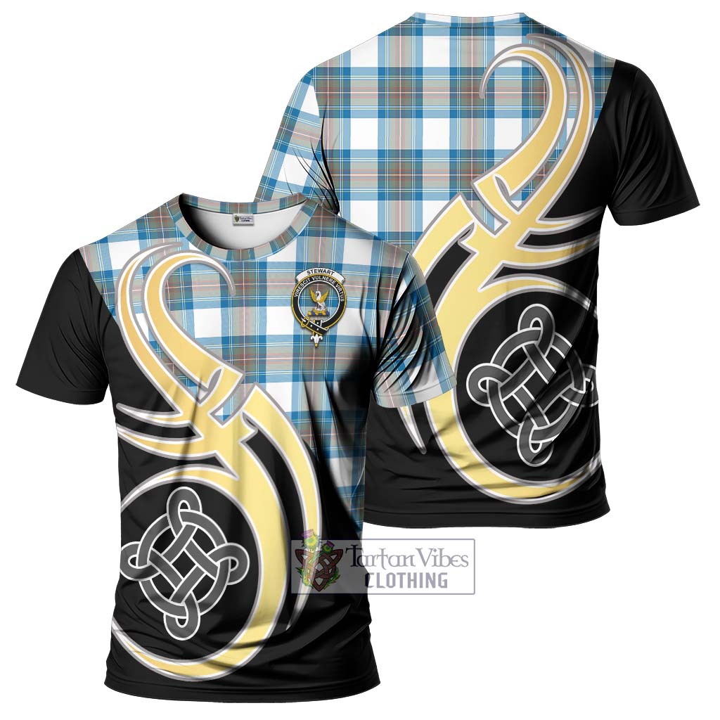 Tartan Vibes Clothing Stewart Muted Blue Tartan T-Shirt with Family Crest and Celtic Symbol Style