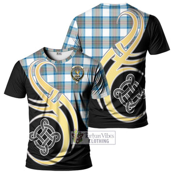 Stewart Muted Blue Tartan T-Shirt with Family Crest and Celtic Symbol Style