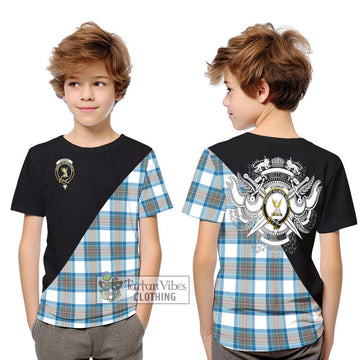 Stewart Muted Blue Tartan Kid T-Shirt with Family Crest and Military Logo Style