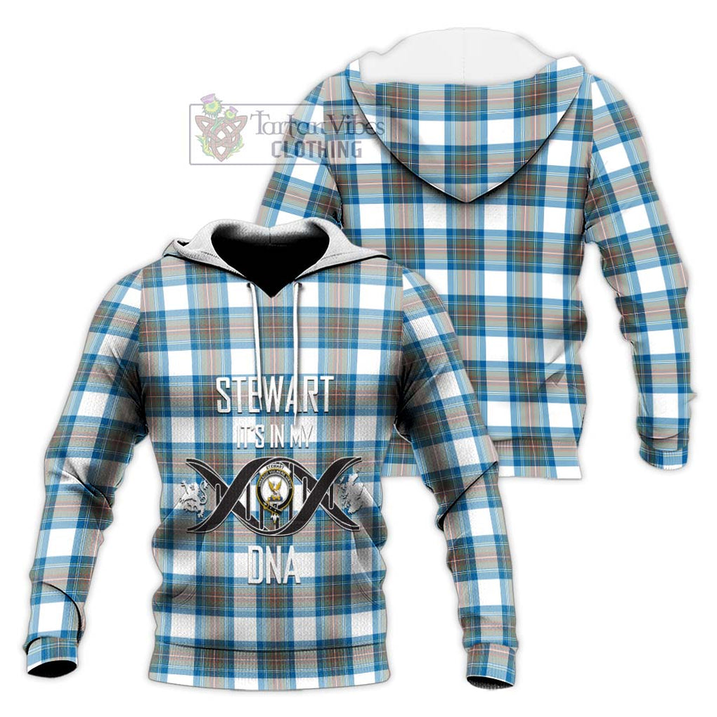 Stewart Muted Blue Tartan Knitted Hoodie with Family Crest DNA In Me Style Unisex Knitted Pullover Hoodie - Tartanvibesclothing Shop