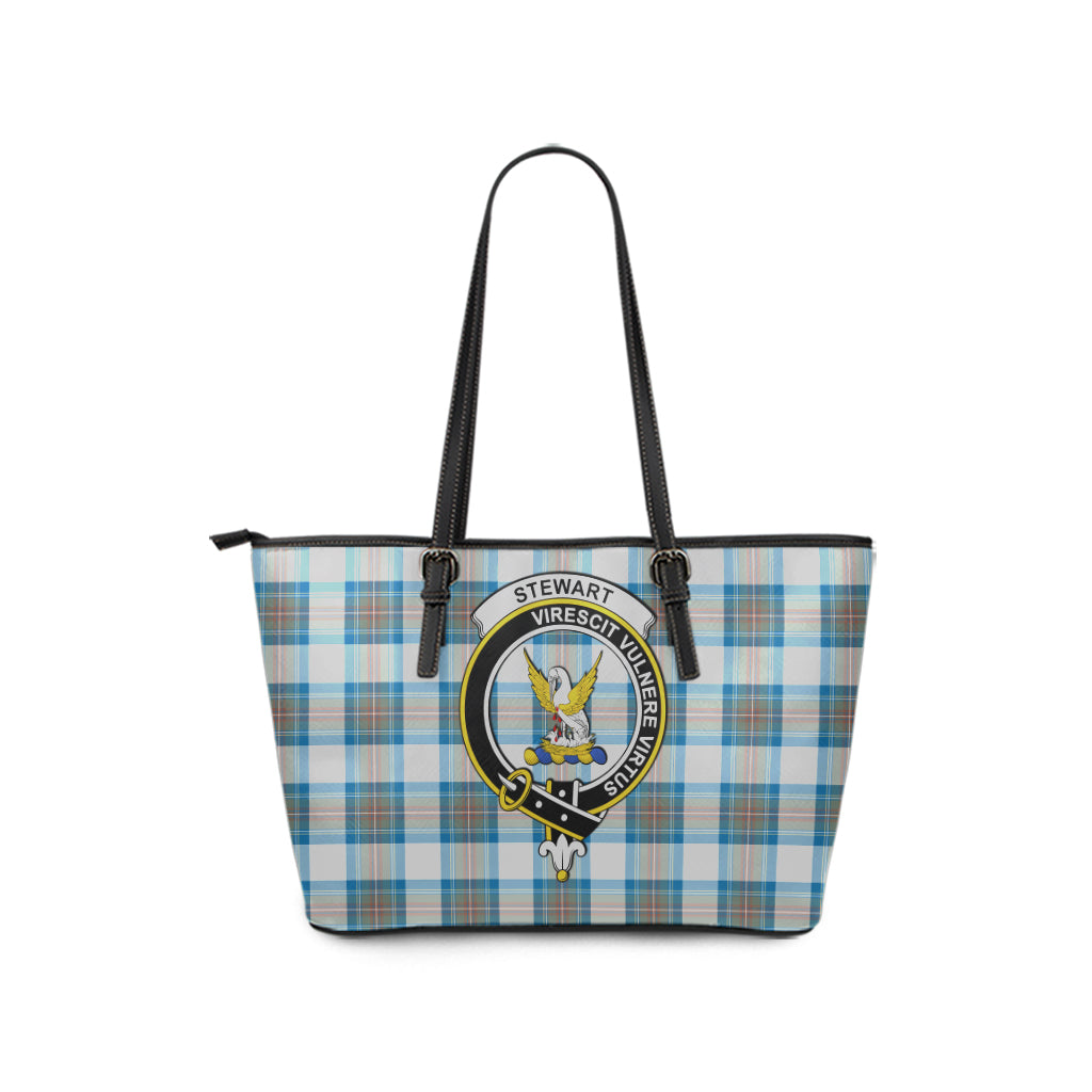 Stewart Muted Blue Tartan Leather Tote Bag with Family Crest - Tartan Vibes Clothing