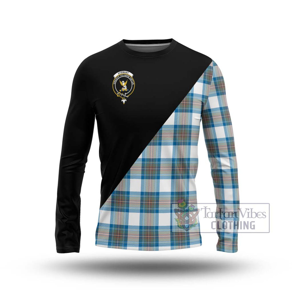 Stewart Muted Blue Tartan Long Sleeve T-Shirt with Family Crest and Military Logo Style Unisex - Tartanvibesclothing Shop