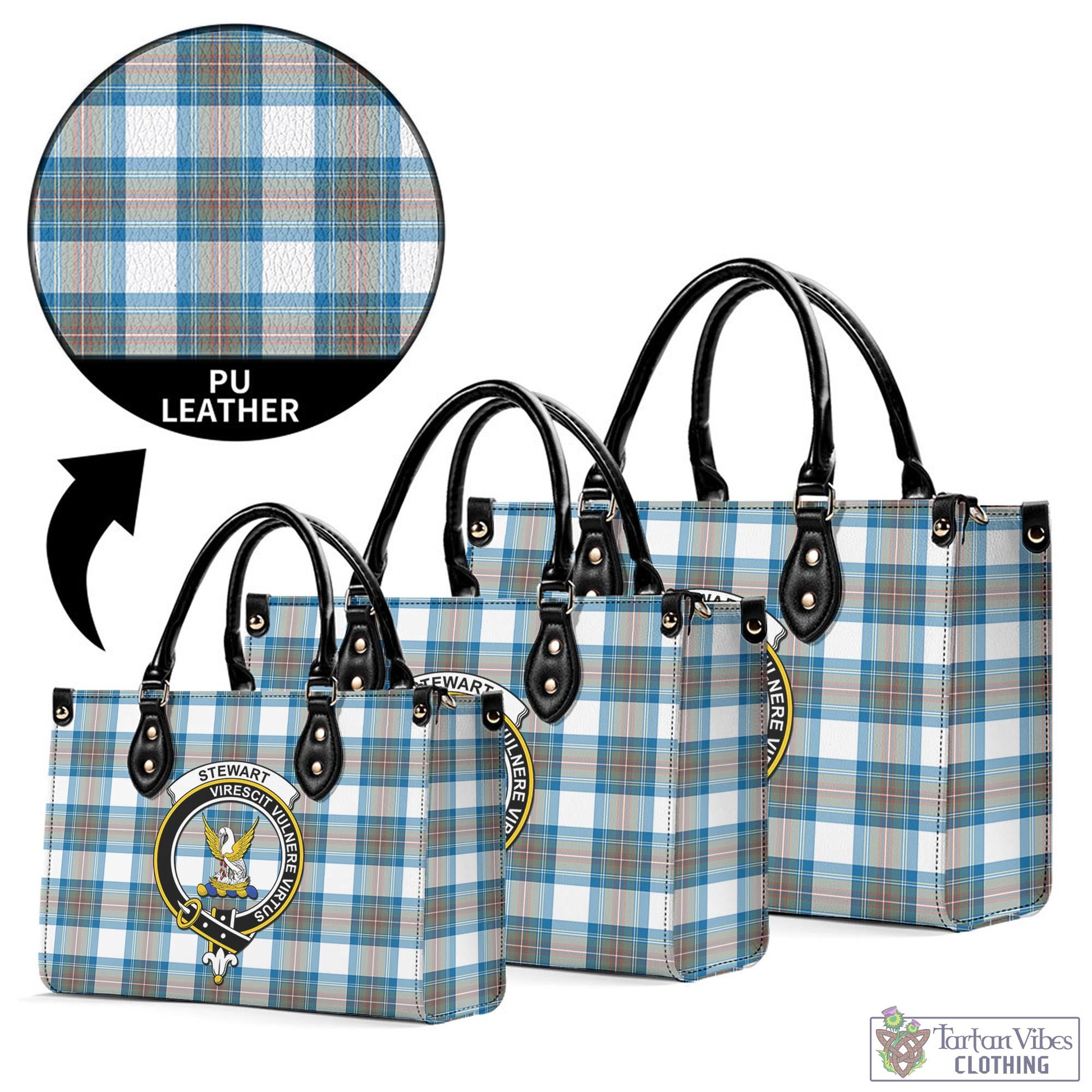 Tartan Vibes Clothing Stewart Muted Blue Tartan Luxury Leather Handbags with Family Crest