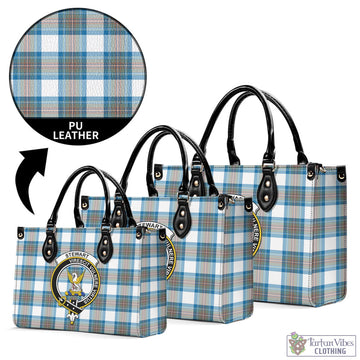 Stewart Muted Blue Tartan Luxury Leather Handbags with Family Crest