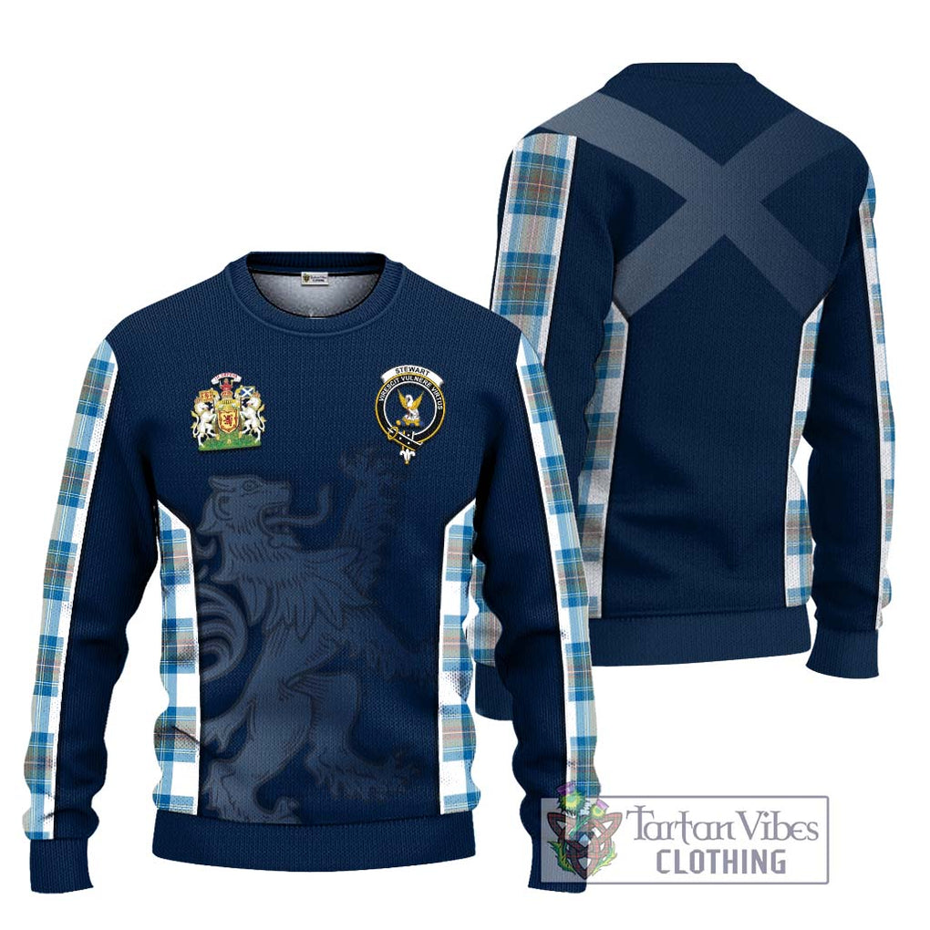 Stewart Muted Blue Tartan Knitted Sweater with Family Crest and Lion Rampant Vibes Sport Style Unisex - Tartan Vibes Clothing